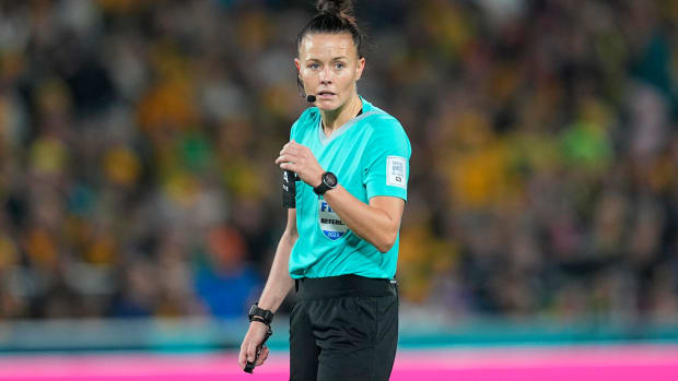 English referee Rebecca Welch pictured during a game between Australia and Denmark at the 2023 FIFA Women's World Cup
